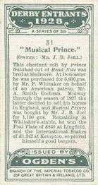 1928 Ogden's Derby Entrants #31 Musical Prince Back